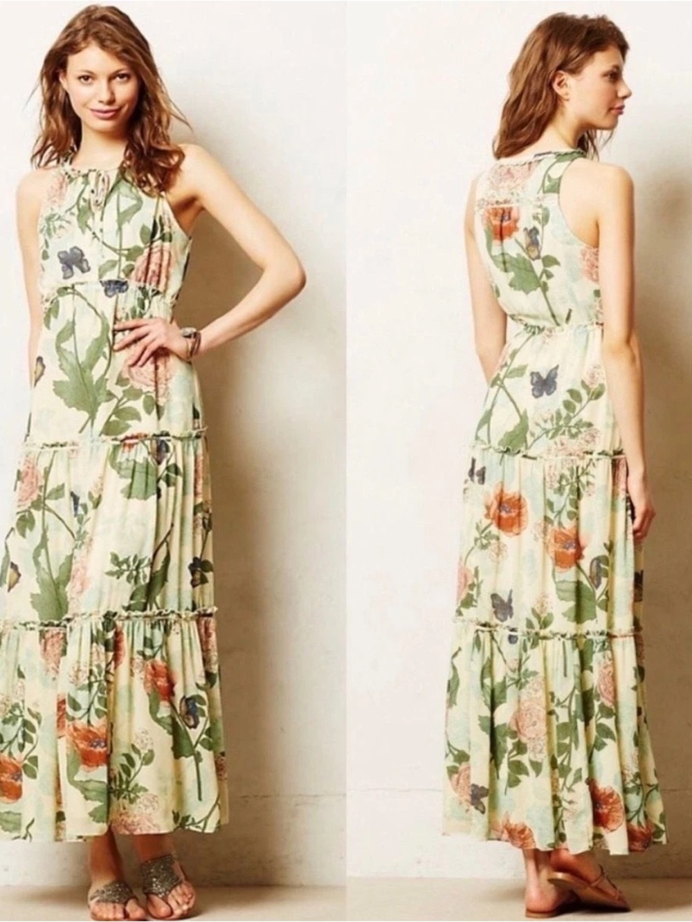 Maeve Anthropologie Maraville yellow ivory maxi tiered sleeveless floral dress